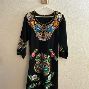 Floral and Black Embroidered Long Sleeve Dress